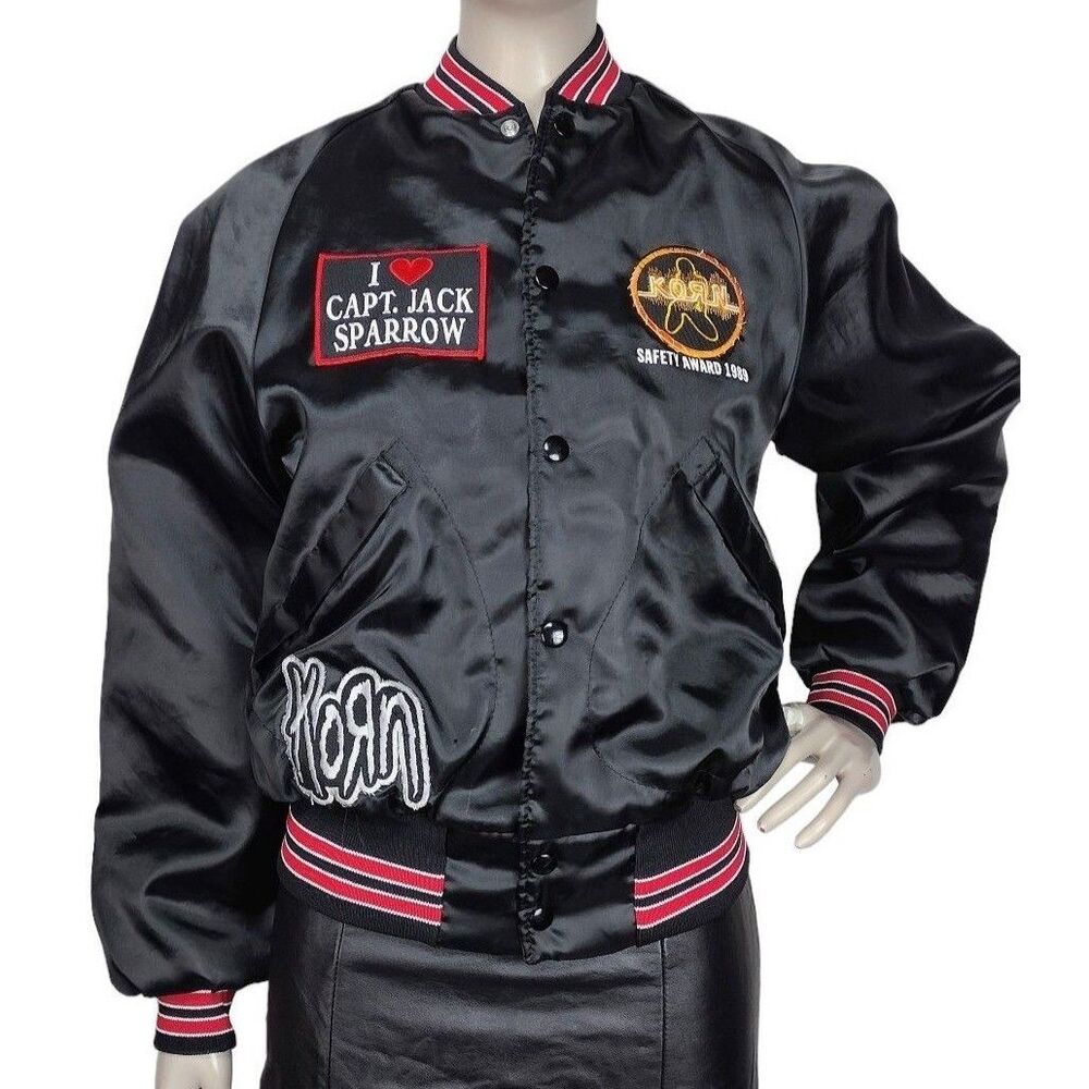 Vintage 80s 90s Pla-Jac KORN Band Patches Black Satin Bomber Jacket
